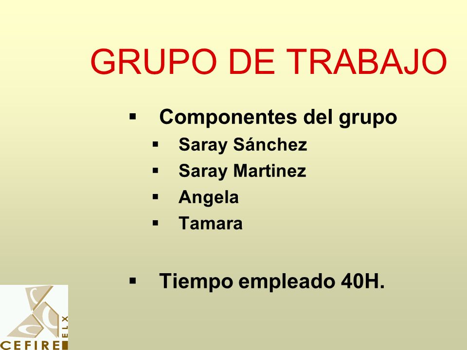 GRUPO DE TRABAJO Componentes del grupo Tiempo empleado 40H.