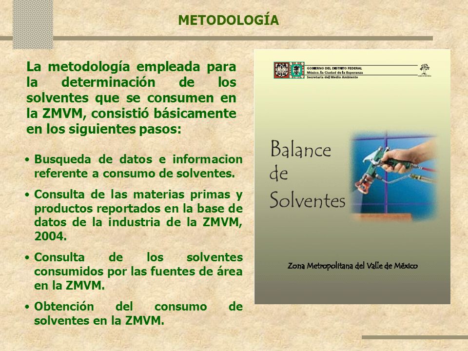 METODOLOGÍA La metodología empleada para la determinación de los solventes que se consumen en la ZMVM, consistió básicamente en los siguientes pasos: