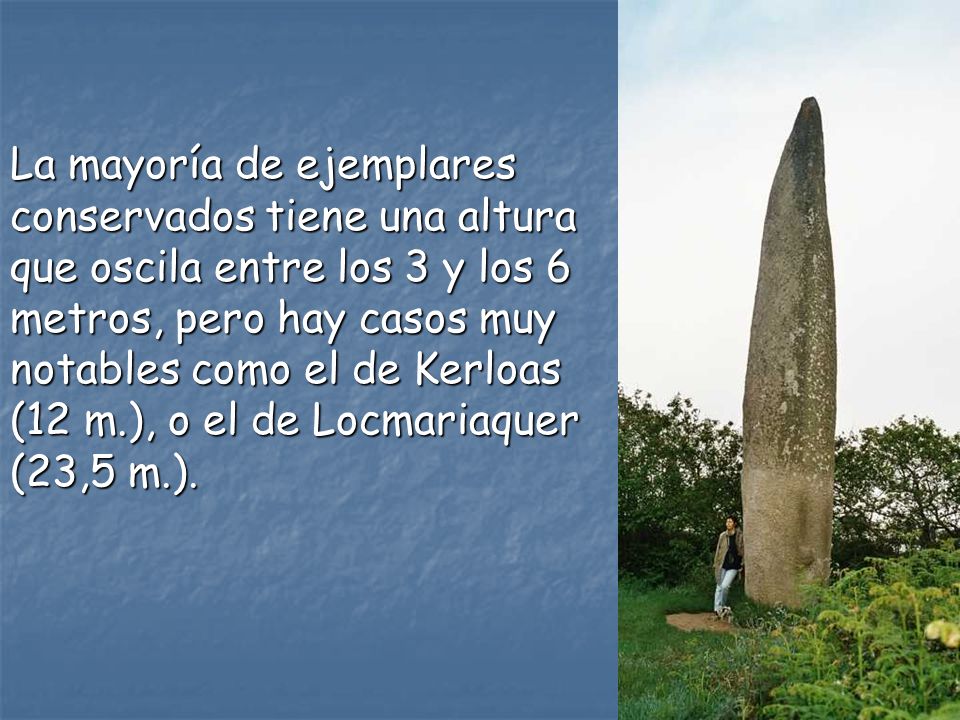 La mayoría de ejemplares conservados tiene una altura que oscila entre los 3 y los 6 metros, pero hay casos muy notables como el de Kerloas (12 m.), o el de Locmariaquer (23,5 m.).