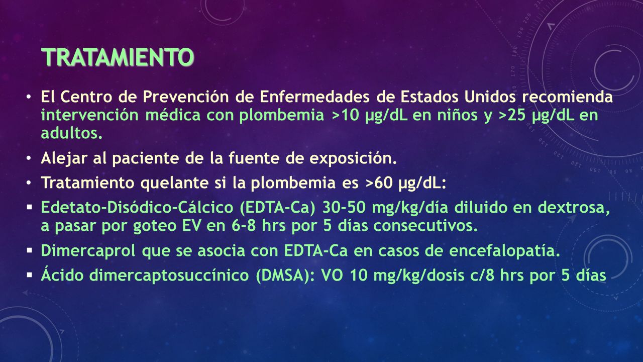 El Centro de Prevención de Enfermedades de Estados Unidos recomienda intervención médica con plombemia >10 µg/dL en niños y >25 µg/dL en adultos.
