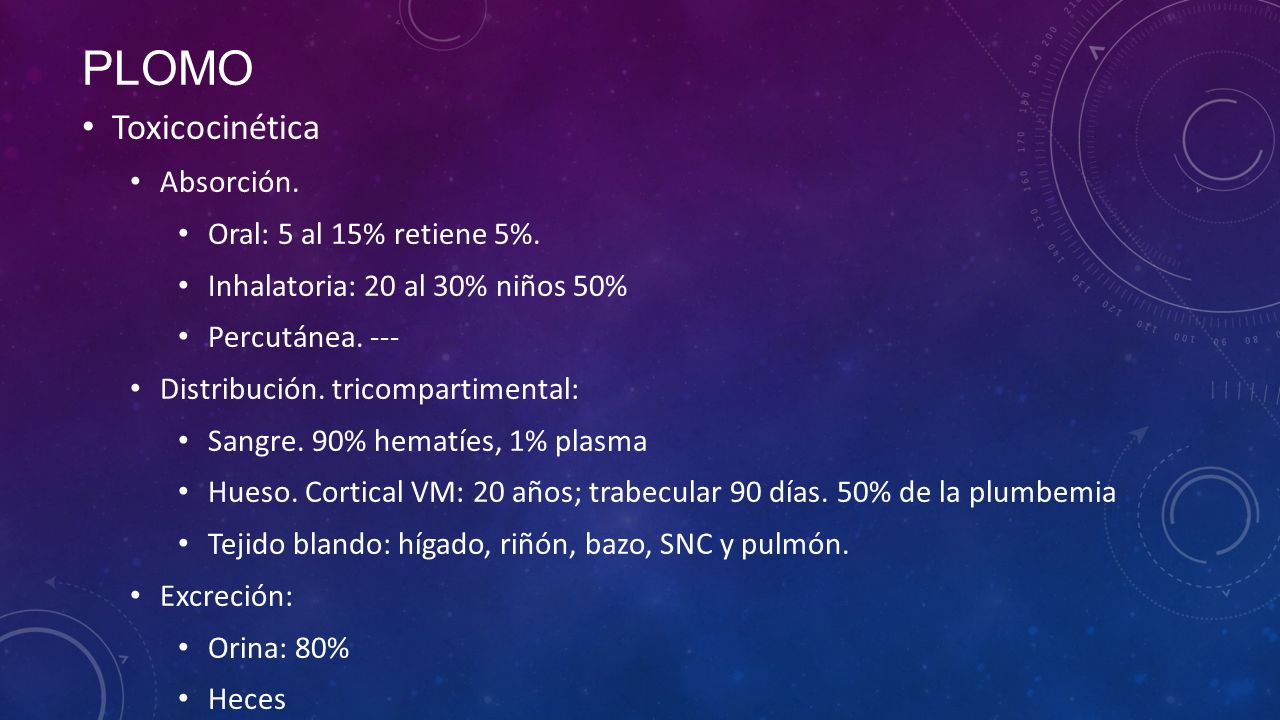 plomo Toxicocinética Absorción. Oral: 5 al 15% retiene 5%.