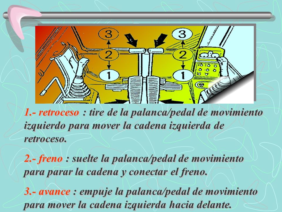 1.- retroceso : tire de la palanca/pedal de movimiento izquierdo para mover la cadena izquierda de retroceso.