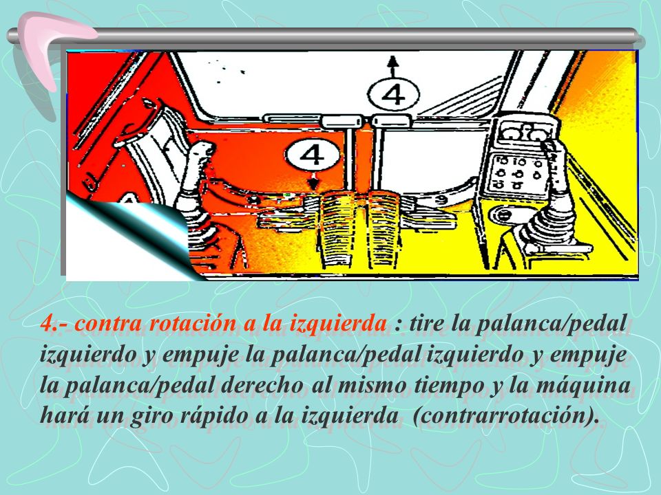 4.- contra rotación a la izquierda : tire la palanca/pedal izquierdo y empuje la palanca/pedal izquierdo y empuje la palanca/pedal derecho al mismo tiempo y la máquina hará un giro rápido a la izquierda (contrarrotación).