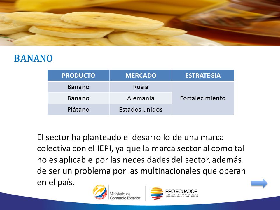 BANANO PRODUCTO. MERCADO. ESTRATEGIA. Banano. Rusia. Fortalecimiento. Alemania. Plátano. Estados Unidos.