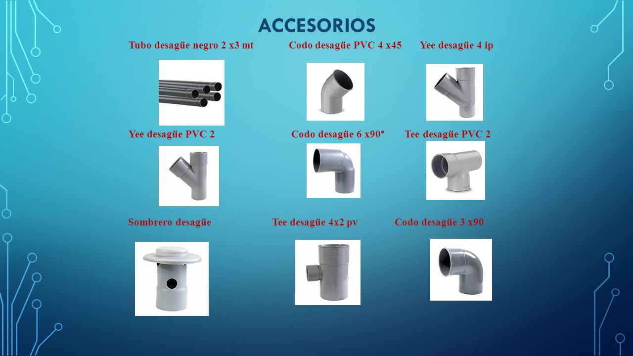 ACCESORIOS Tubo desagüe negro 2 x3 mt Codo desagüe PVC 4 x45 Yee desagüe 4 ip.