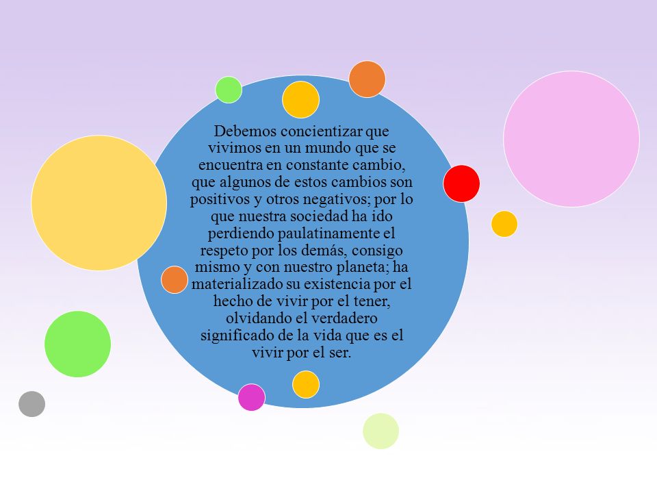 Debemos concientizar que vivimos en un mundo que se encuentra en constante cambio, que algunos de estos cambios son positivos y otros negativos; por lo que nuestra sociedad ha ido perdiendo paulatinamente el respeto por los demás, consigo mismo y con nuestro planeta; ha materializado su existencia por el hecho de vivir por el tener, olvidando el verdadero significado de la vida que es el vivir por el ser.