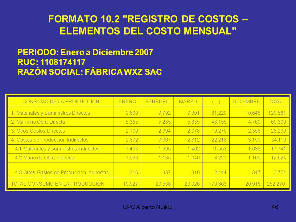 FORMATO 10.2 REGISTRO DE COSTOS – ELEMENTOS DEL COSTO MENSUAL