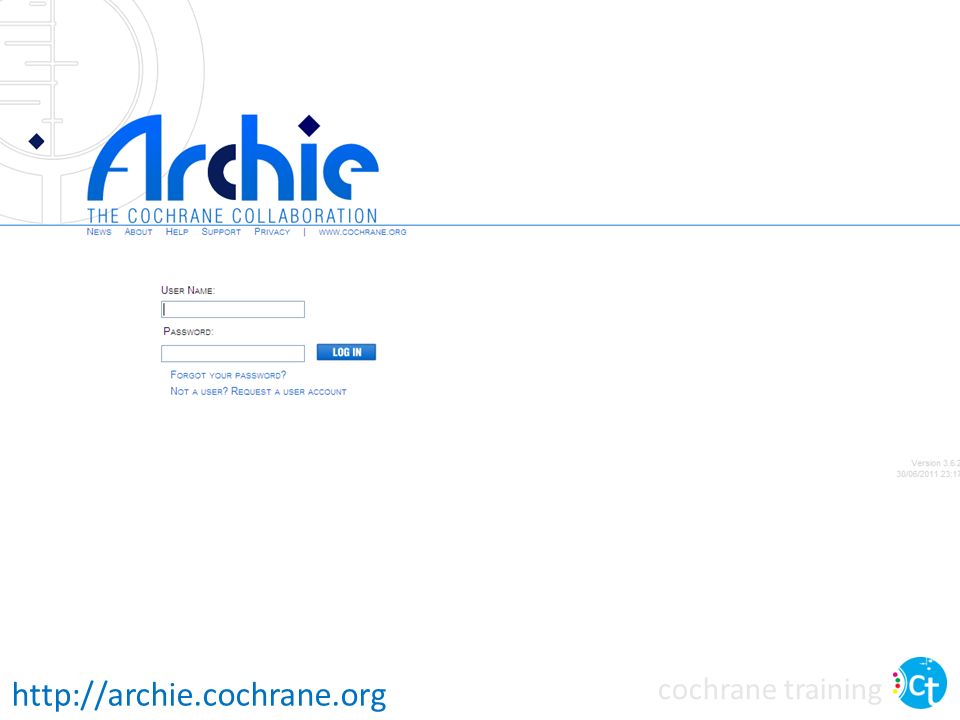 It is possible to log in to the Archie database using the web interface at archie.cochrane.org. Most authors will not need to use this interface – you can’t edit your review this way, although you can see read-only versions of your review and edit your contact details.