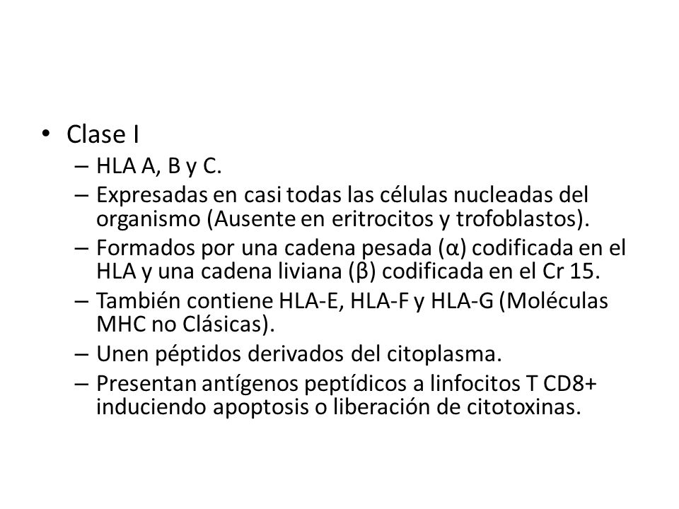 Clase I HLA A, B y C. Expresadas en casi todas las células nucleadas del organismo (Ausente en eritrocitos y trofoblastos).