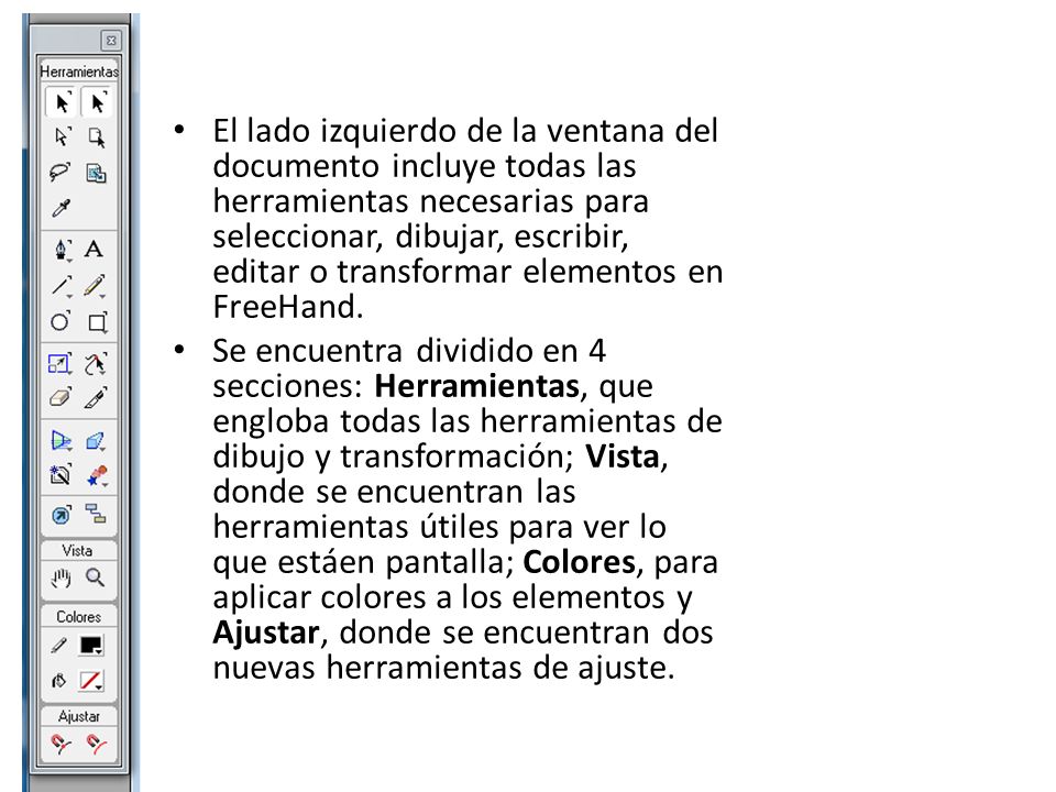 El lado izquierdo de la ventana del documento incluye todas las herramientas necesarias para seleccionar, dibujar, escribir, editar o transformar elementos en FreeHand.