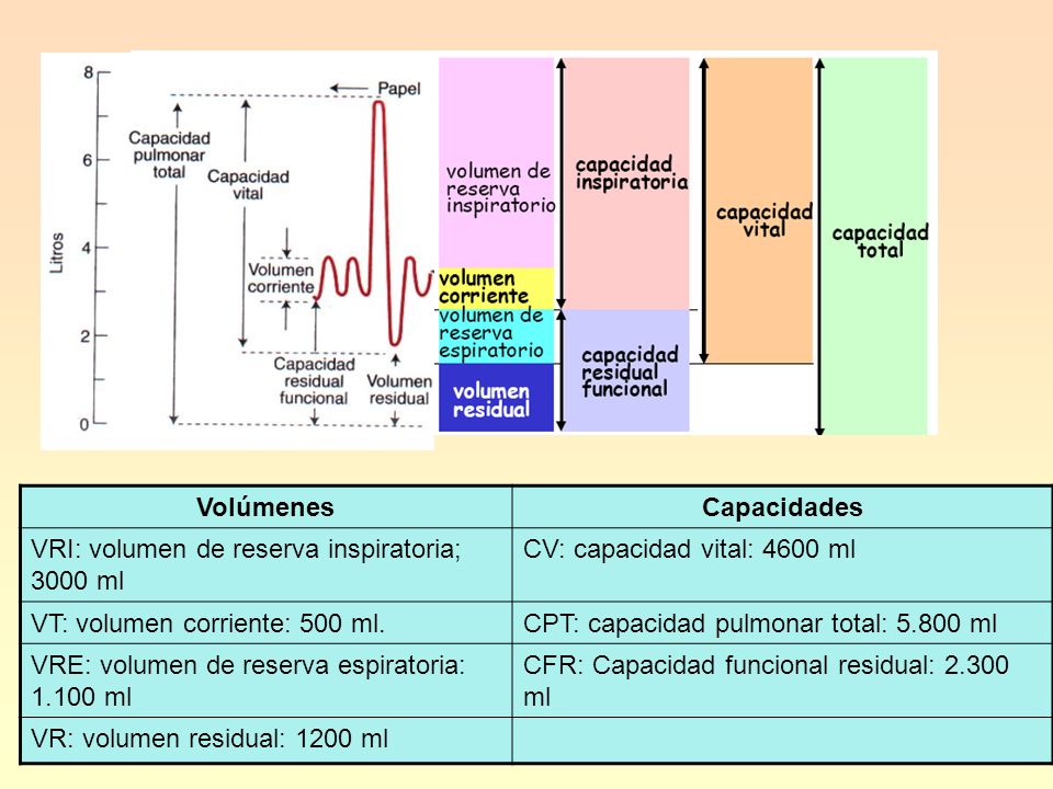 Volúmenes Capacidades. VRI: volumen de reserva inspiratoria; 3000 ml. CV: capacidad vital: 4600 ml.