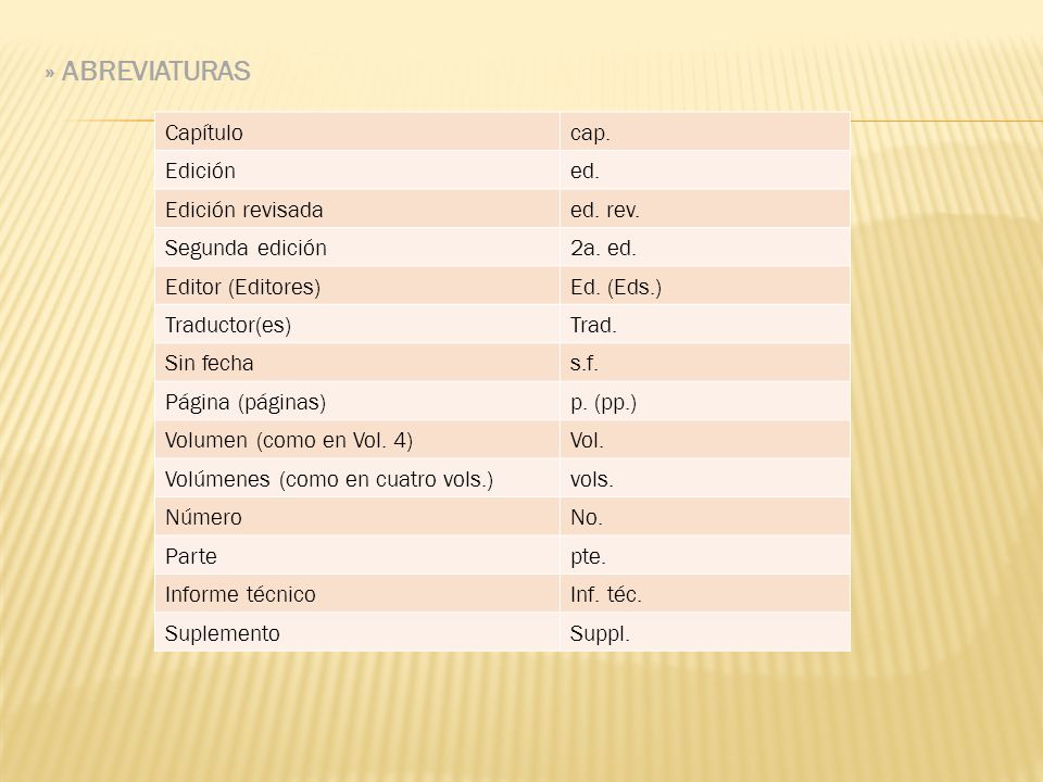 » ABREVIATURAS Capítulo cap. Edición ed. Edición revisada ed. rev.