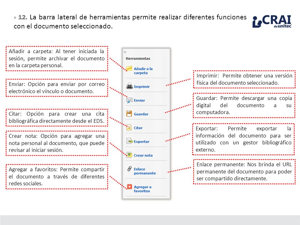 » 12. La barra lateral de herramientas permite realizar diferentes funciones con el documento seleccionado.