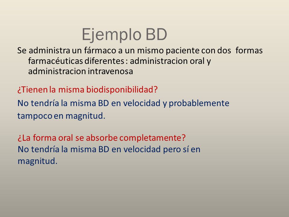 Ejemplo BD Se administra un fármaco a un mismo paciente con dos formas farmacéuticas diferentes : administracion oral y administracion intravenosa.