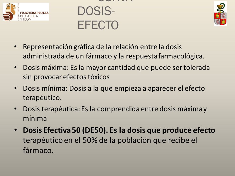 CURVA DOSIS-EFECTO Representación gráfica de la relación entre la dosis. administrada de un fármaco y la respuesta farmacológica.