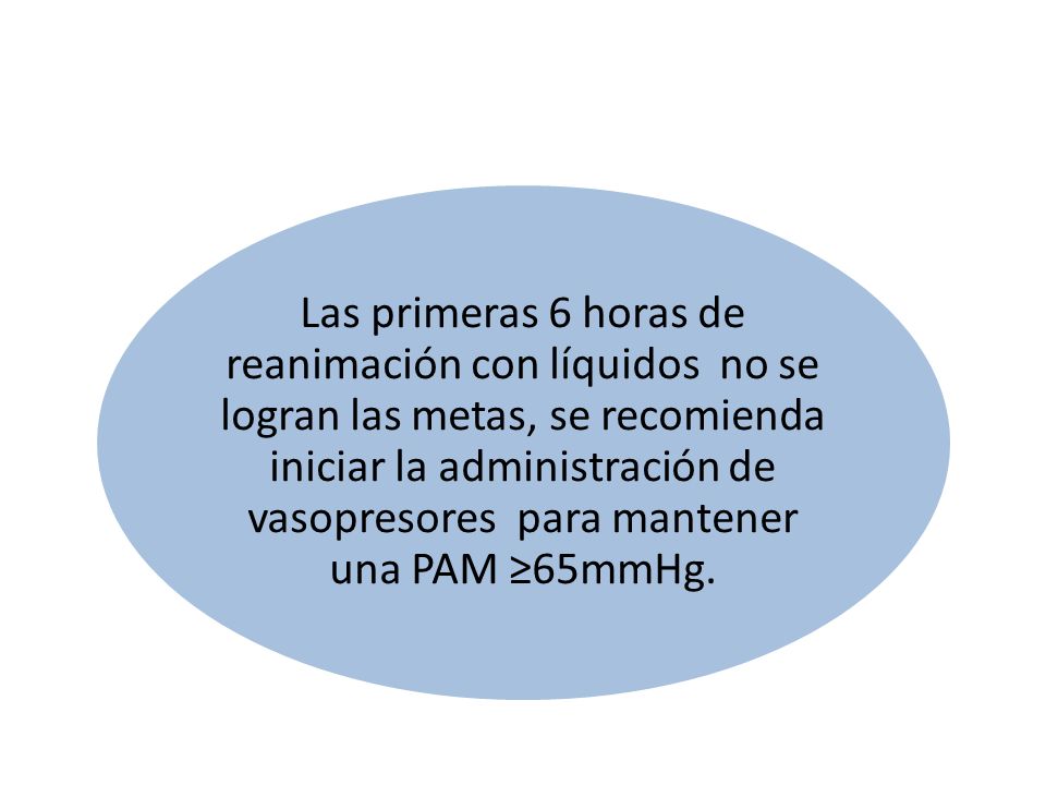 Las primeras 6 horas de reanimación con líquidos no se logran las metas, se recomienda iniciar la administración de vasopresores para mantener una PAM ≥65mmHg.