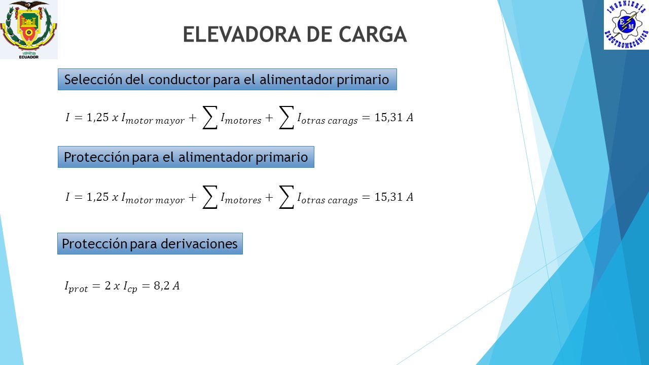 ELEVADORA DE CARGA Selección del conductor para el alimentador primario. 𝐼=1,25 𝑥 𝐼 𝑚𝑜𝑡𝑜𝑟 𝑚𝑎𝑦𝑜𝑟 + 𝐼 𝑚𝑜𝑡𝑜𝑟𝑒𝑠 + 𝐼 𝑜𝑡𝑟𝑎𝑠 𝑐𝑎𝑟𝑎𝑔𝑠 =15,31 𝐴.