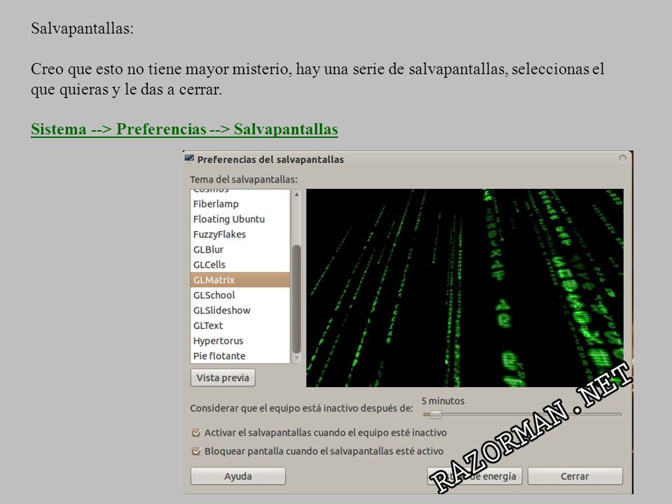 Salvapantallas: Creo que esto no tiene mayor misterio, hay una serie de salvapantallas, seleccionas el que quieras y le das a cerrar.