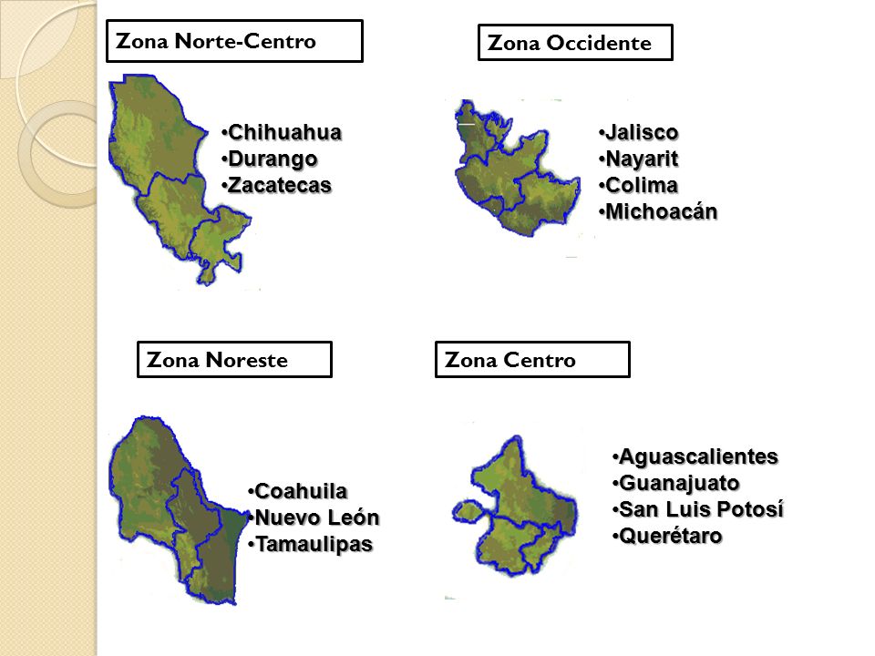 Zona Norte-Centro Zona Occidente. Chihuahua. Durango. Zacatecas. Jalisco. Nayarit. Colima. Michoacán.