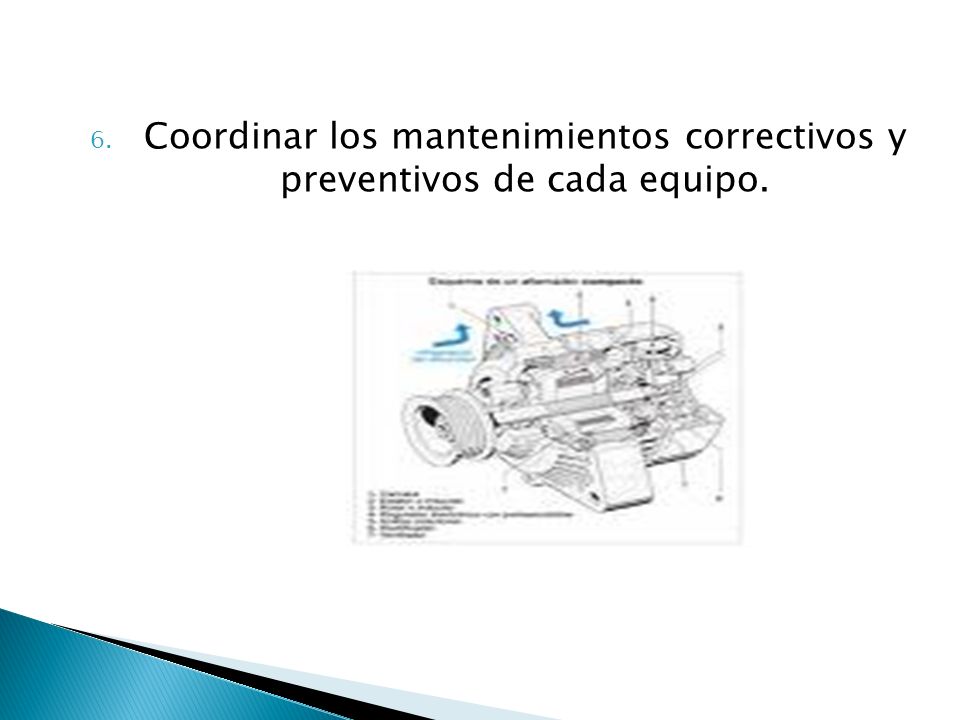Coordinar los mantenimientos correctivos y preventivos de cada equipo.