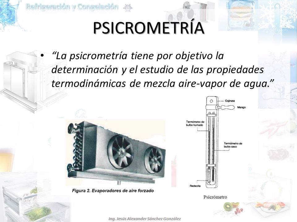 PSICROMETRÍA La psicrometría tiene por objetivo la determinación y el estudio de las propiedades termodinámicas de mezcla aire-vapor de agua.