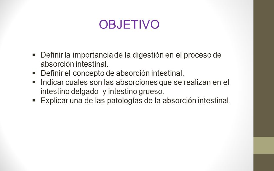OBJETIVO Definir la importancia de la digestión en el proceso de absorción intestinal. Definir el concepto de absorción intestinal.