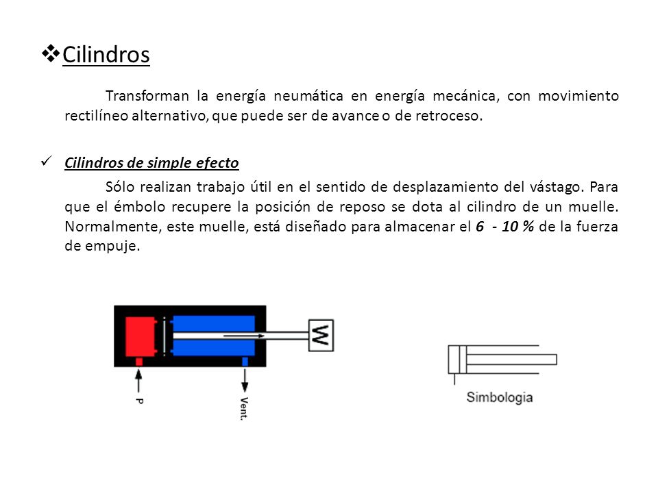 Cilindros Transforman la energía neumática en energía mecánica, con movimiento rectilíneo alternativo, que puede ser de avance o de retroceso.