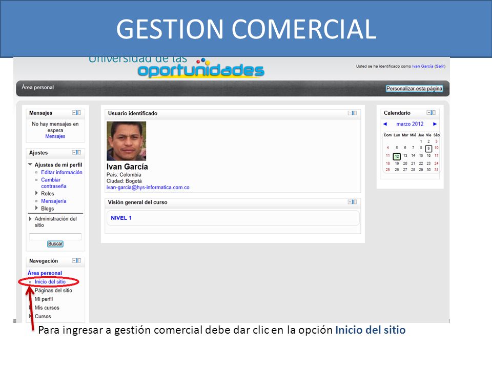 GESTION COMERCIAL Para ingresar a gestión comercial debe dar clic en la opción Inicio del sitio