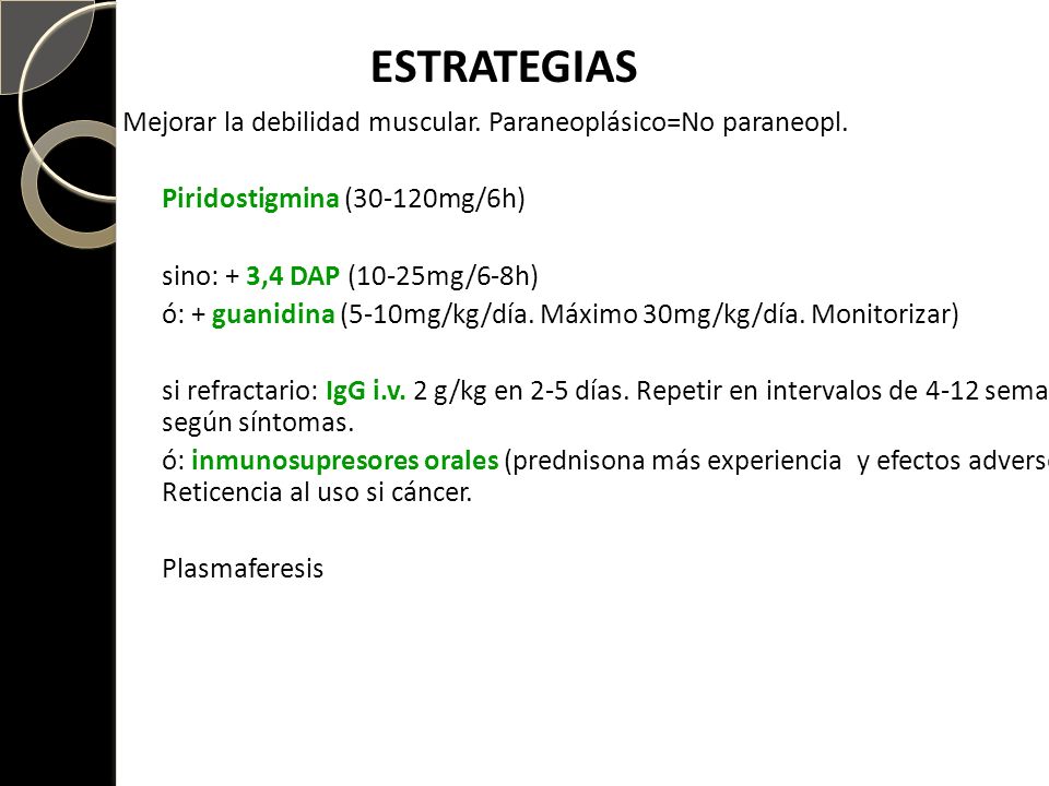 ESTRATEGIAS Mejorar la debilidad muscular. Paraneoplásico=No paraneopl. Piridostigmina (30-120mg/6h)