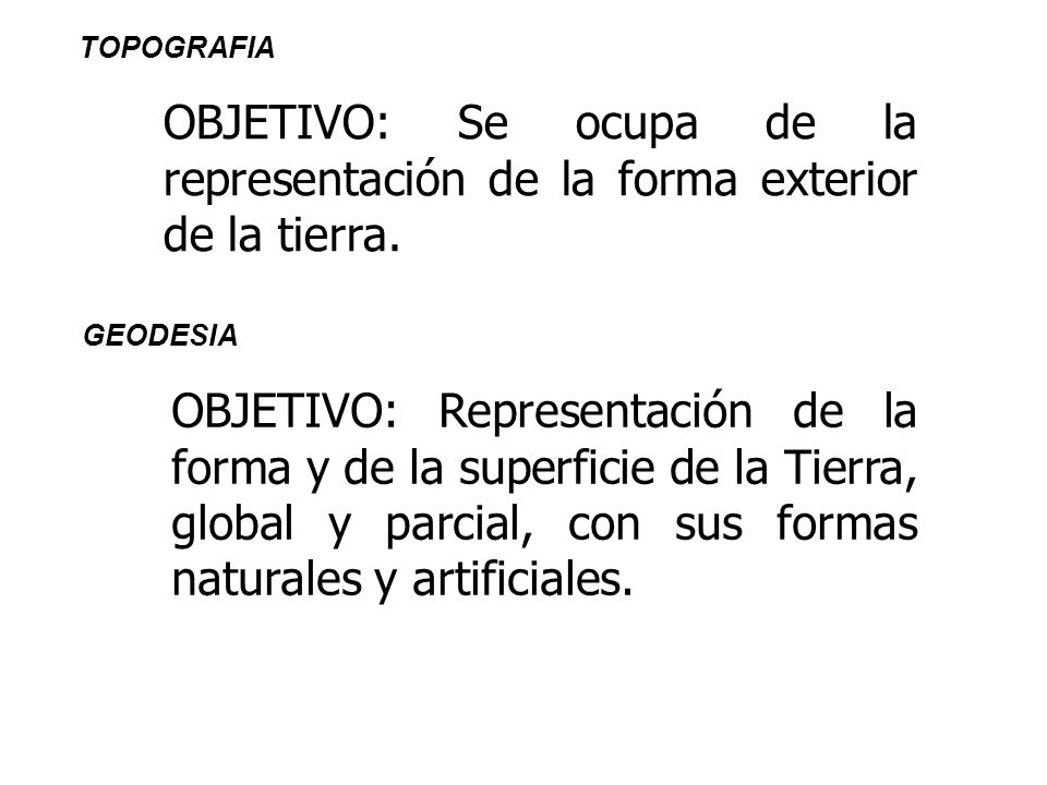 TOPOGRAFIA OBJETIVO: Se ocupa de la representación de la forma exterior de la tierra. GEODESIA.