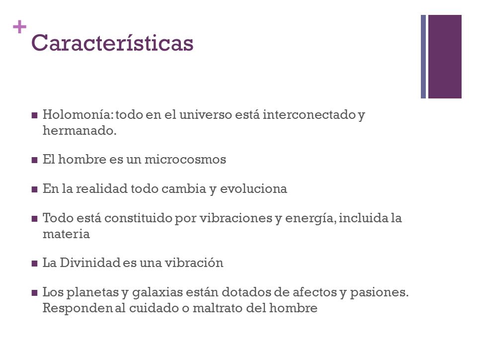 Características Holomonía: todo en el universo está interconectado y hermanado. El hombre es un microcosmos.