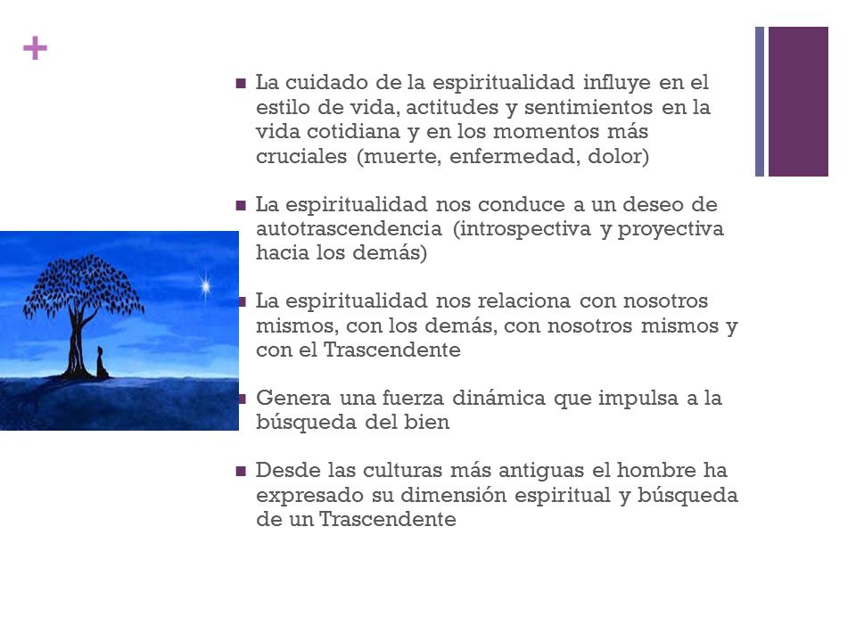 La cuidado de la espiritualidad influye en el estilo de vida, actitudes y sentimientos en la vida cotidiana y en los momentos más cruciales (muerte, enfermedad, dolor)