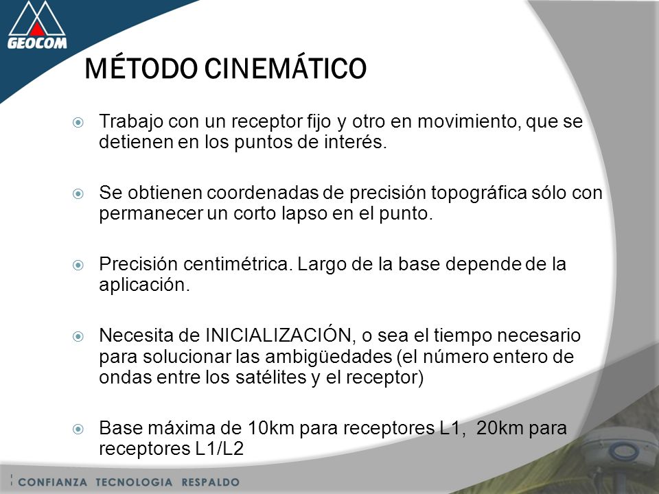 MÉTODO CINEMÁTICO Trabajo con un receptor fijo y otro en movimiento, que se detienen en los puntos de interés.