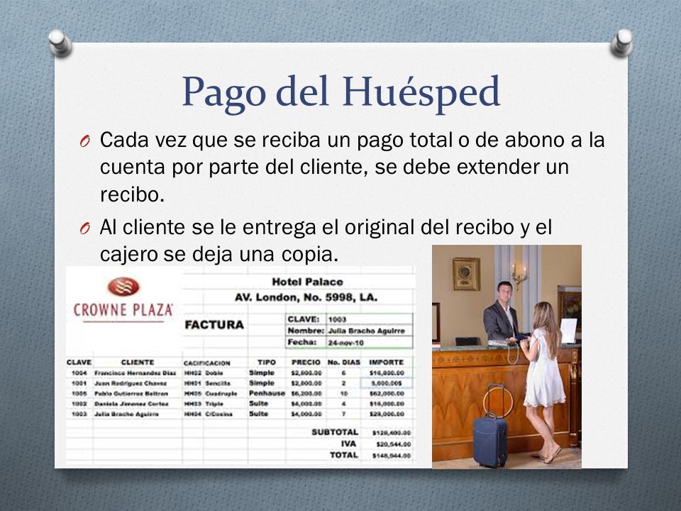 Pago del Huésped Cada vez que se reciba un pago total o de abono a la cuenta por parte del cliente, se debe extender un recibo.