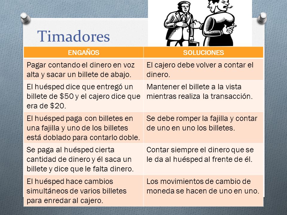 Timadores ENGAÑOS. SOLUCIONES. Pagar contando el dinero en voz alta y sacar un billete de abajo. El cajero debe volver a contar el dinero.