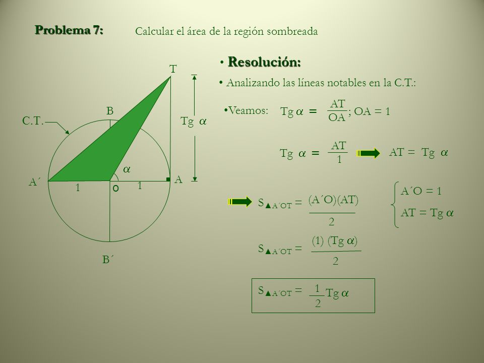 Problema 7: Calcular el área de la región sombreada Resolución: o C.T.