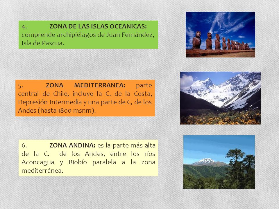 4. ZONA DE LAS ISLAS OCEANICAS: comprende archipiélagos de Juan Fernández, Isla de Pascua.