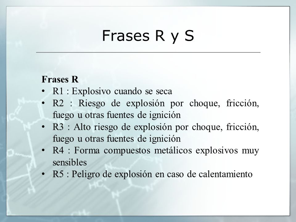 Frases R y S Frases R R1 : Explosivo cuando se seca