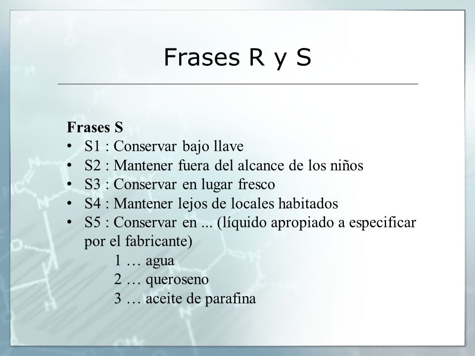 Frases R y S Frases S S1 : Conservar bajo llave
