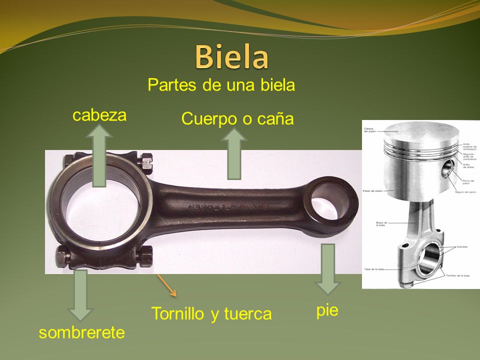 Biela Partes de una biela cabeza Cuerpo o caña pie Tornillo y tuerca