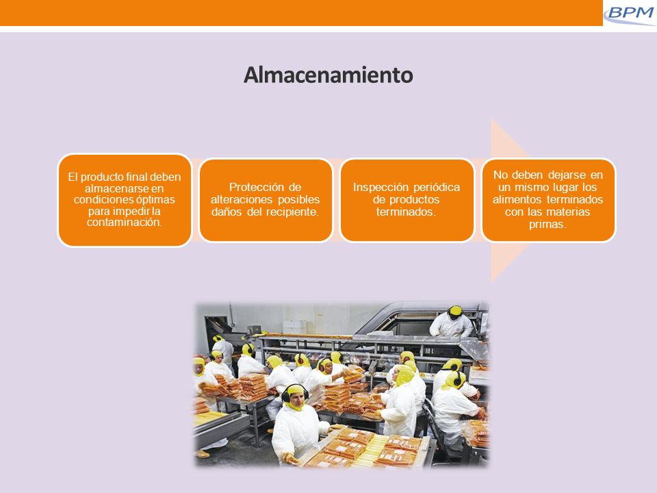Almacenamiento El producto final deben almacenarse en condiciones óptimas para impedir la contaminación.
