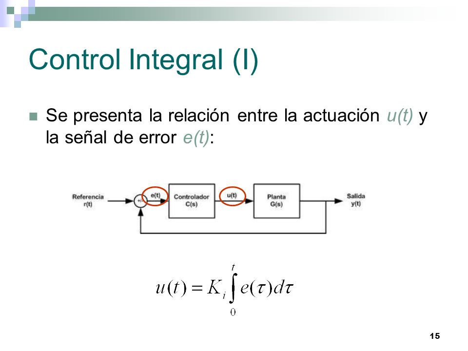 Control Integral (I) Se presenta la relación entre la actuación u(t) y la señal de error e(t):