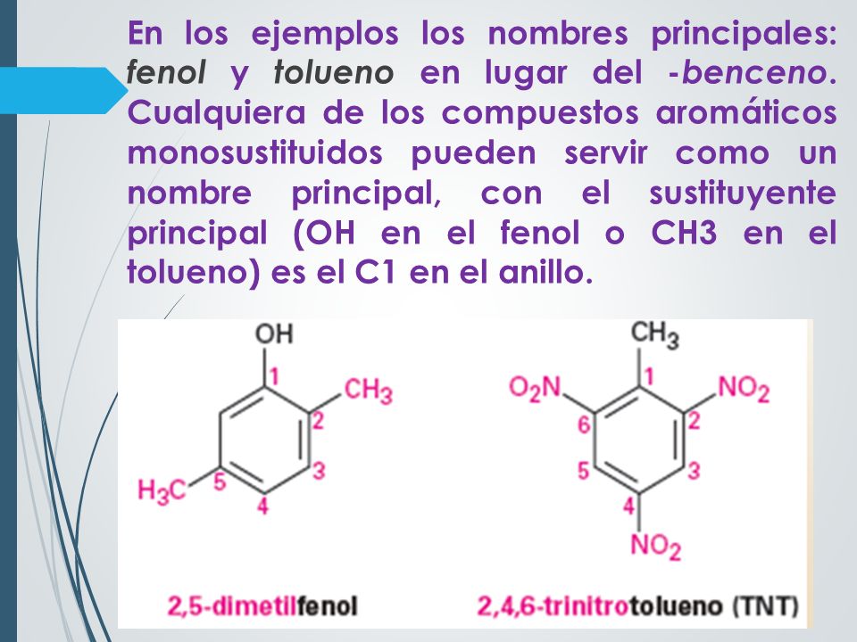 En los ejemplos los nombres principales: fenol y tolueno en lugar del -benceno.