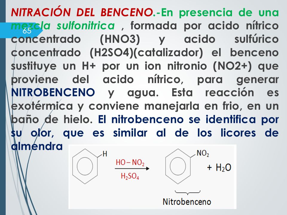 NITRACIÓN DEL BENCENO.-En presencia de una mezcla sulfonitrica , formada por acido nítrico concentrado (HNO3) y acido sulfúrico concentrado (H2SO4)(catalizador) el benceno sustituye un H+ por un ion nitronio (NO2+) que proviene del acido nítrico, para generar NITROBENCENO y agua.