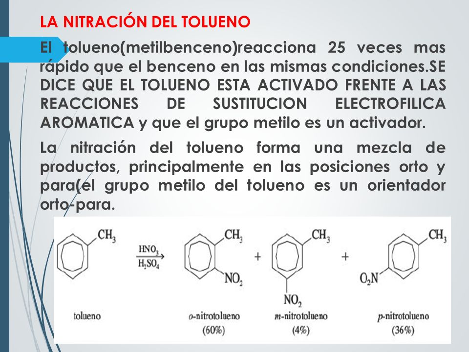 LA NITRACIÓN DEL TOLUENO El tolueno(metilbenceno)reacciona 25 veces mas rápido que el benceno en las mismas condiciones.SE DICE QUE EL TOLUENO ESTA ACTIVADO FRENTE A LAS REACCIONES DE SUSTITUCION ELECTROFILICA AROMATICA y que el grupo metilo es un activador.