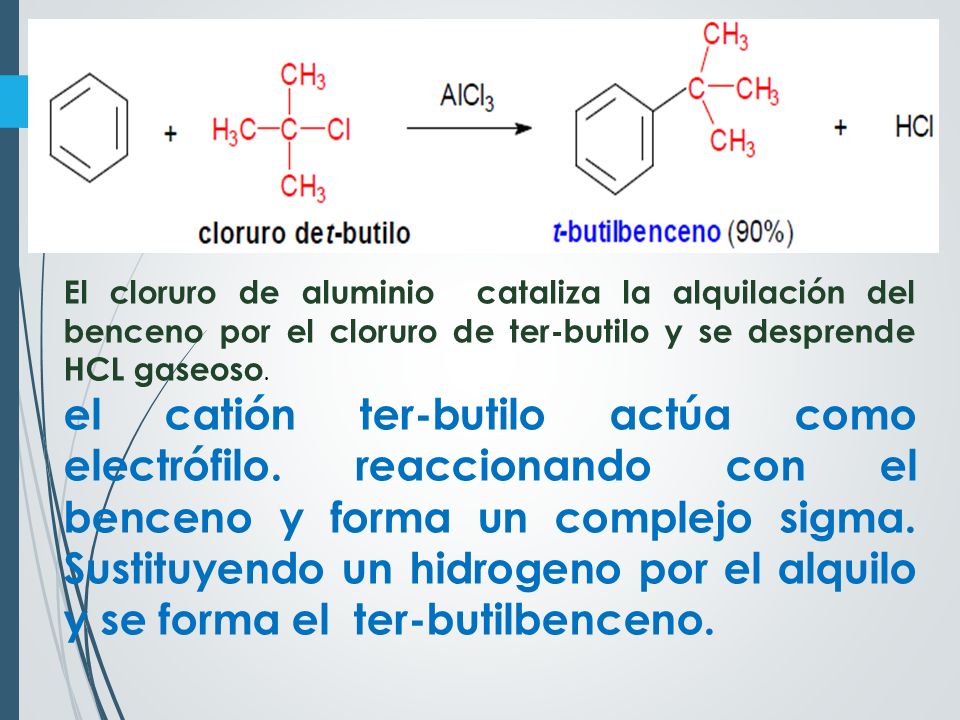 El cloruro de aluminio cataliza la alquilación del benceno por el cloruro de ter-butilo y se desprende HCL gaseoso.