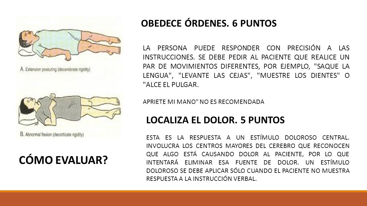 CÓMO EVALUAR OBEDECE ÓRDENES. 6 PUNTOS LOCALIZA EL DOLOR. 5 PUNTOS
