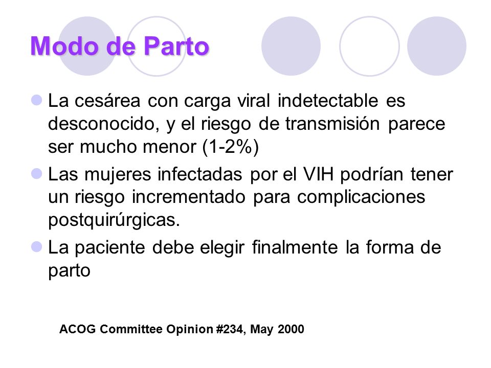 Modo de Parto La cesárea con carga viral indetectable es desconocido, y el riesgo de transmisión parece ser mucho menor (1-2%)