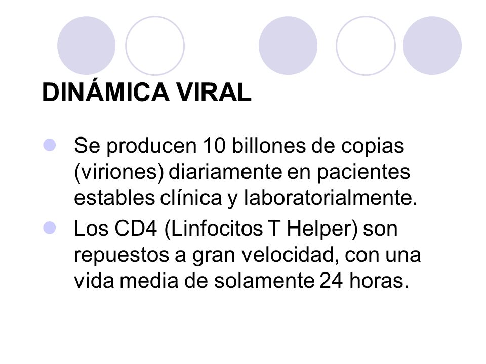 DINÁMICA VIRAL Se producen 10 billones de copias (viriones) diariamente en pacientes estables clínica y laboratorialmente.