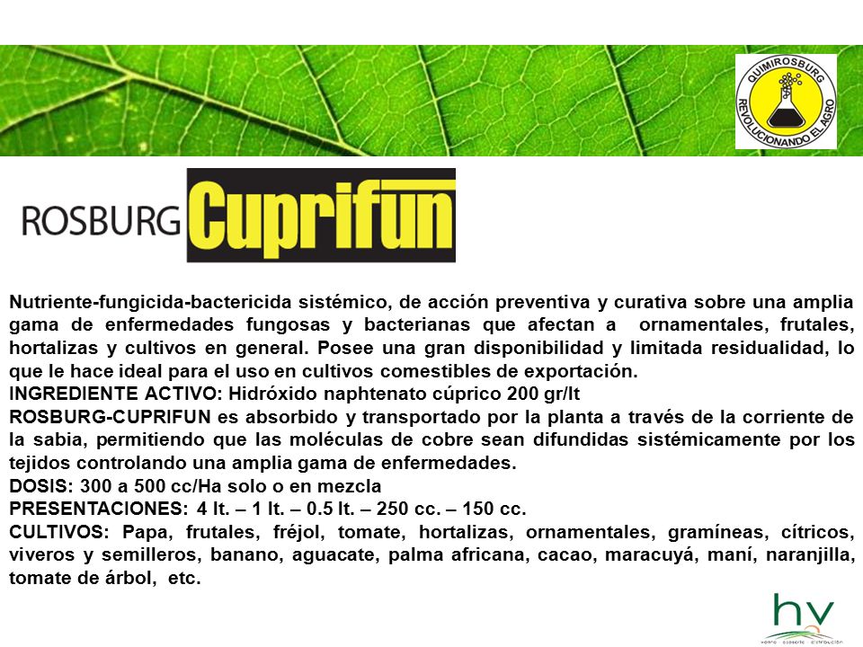 Nutriente-fungicida-bactericida sistémico, de acción preventiva y curativa sobre una amplia gama de enfermedades fungosas y bacterianas que afectan a ornamentales, frutales, hortalizas y cultivos en general. Posee una gran disponibilidad y limitada residualidad, lo que le hace ideal para el uso en cultivos comestibles de exportación.